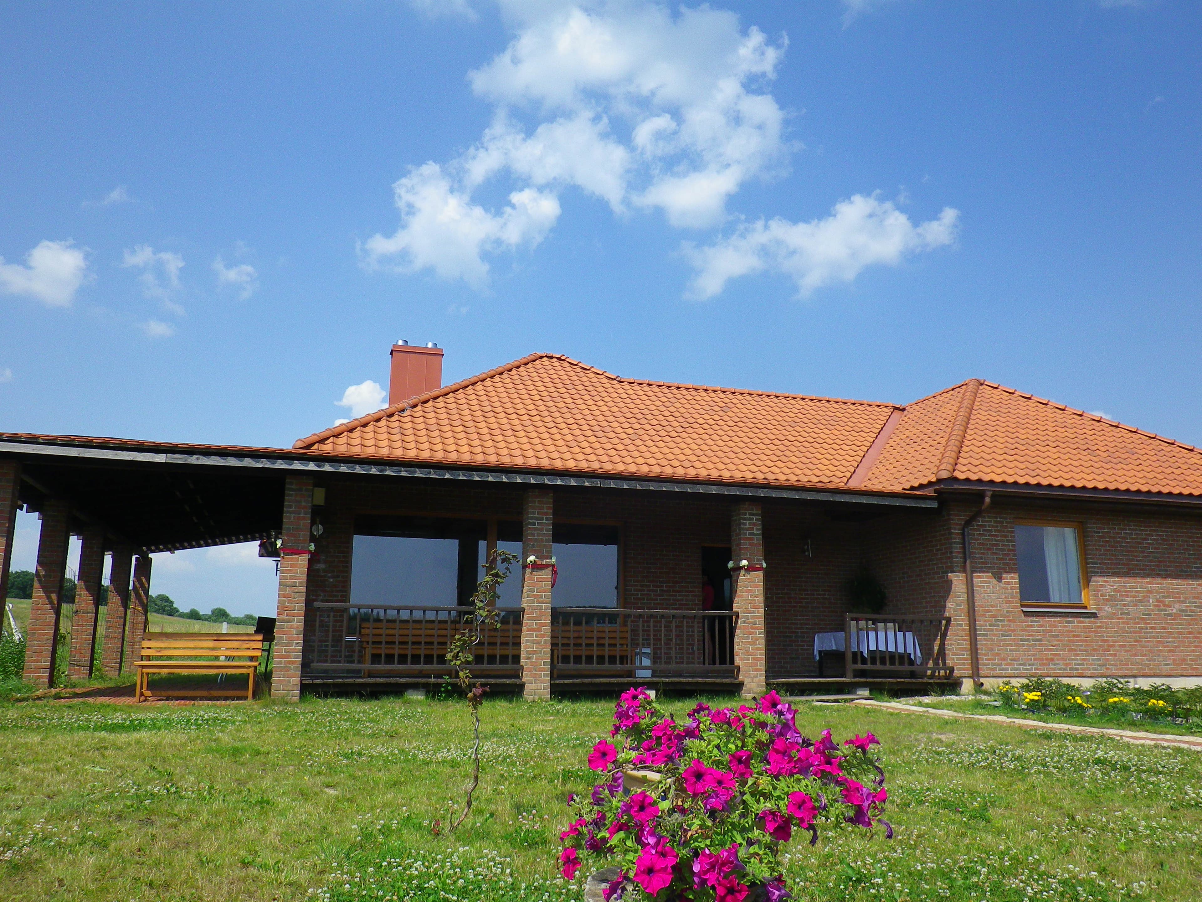 Svečių namas su terasa ir pavasarinėmis gėlėmis